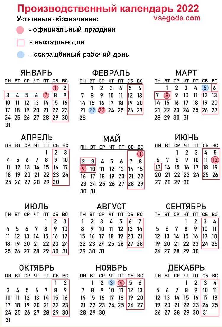 Производственный календарь на 2022 год с выходными и праздниками