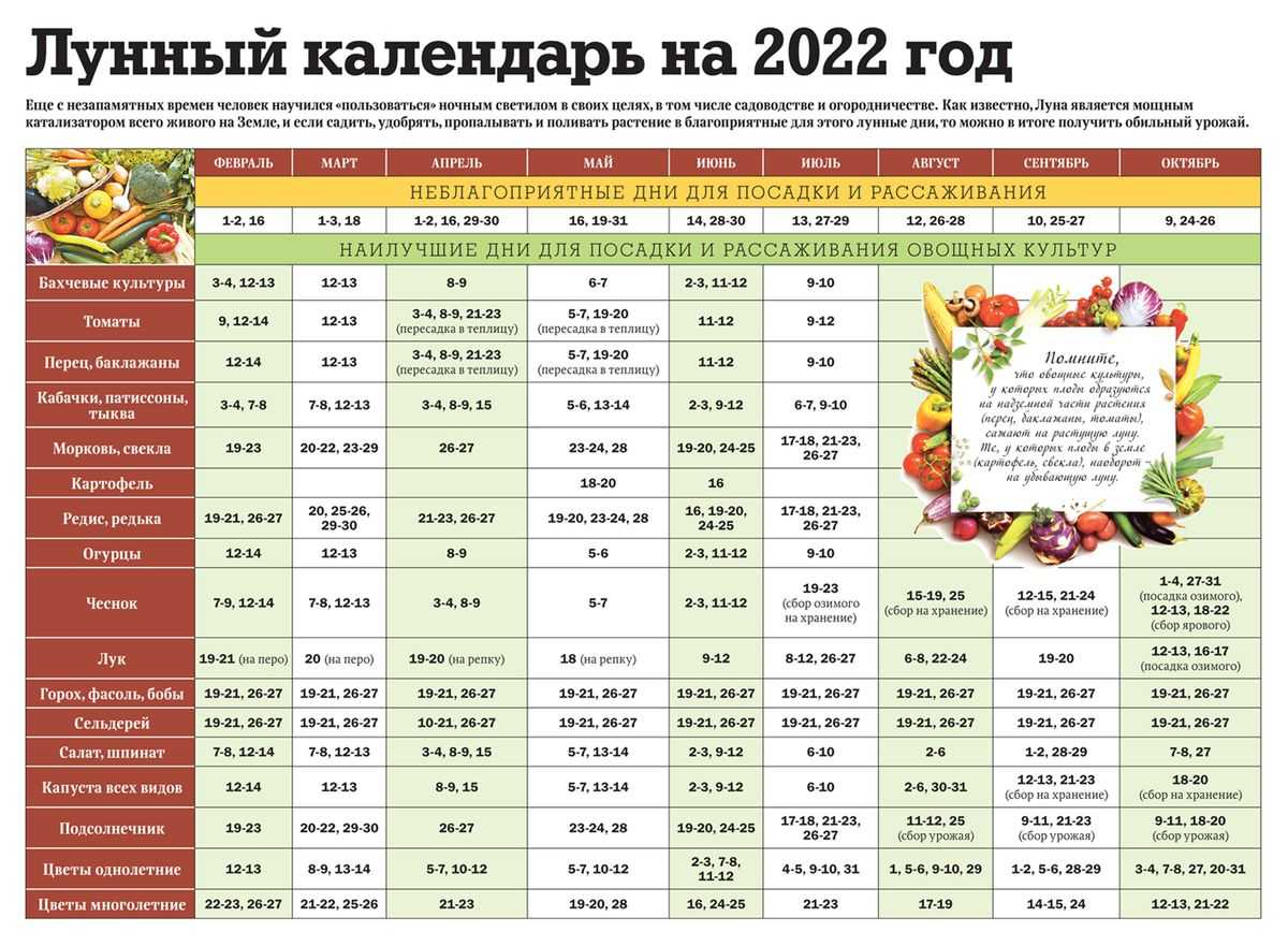 Лунный огородный календарь на 2022 год