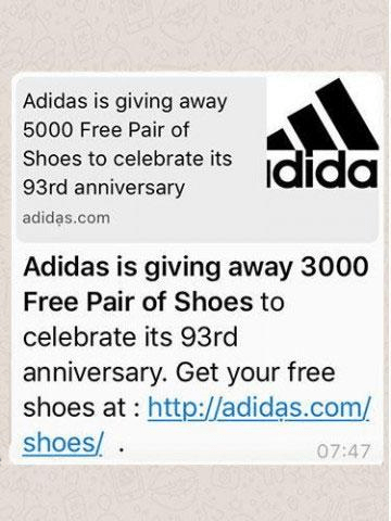 Раздает ли адидас 3000 пар обуви, это правда или фейк: рассылка по whatsapp от adidas