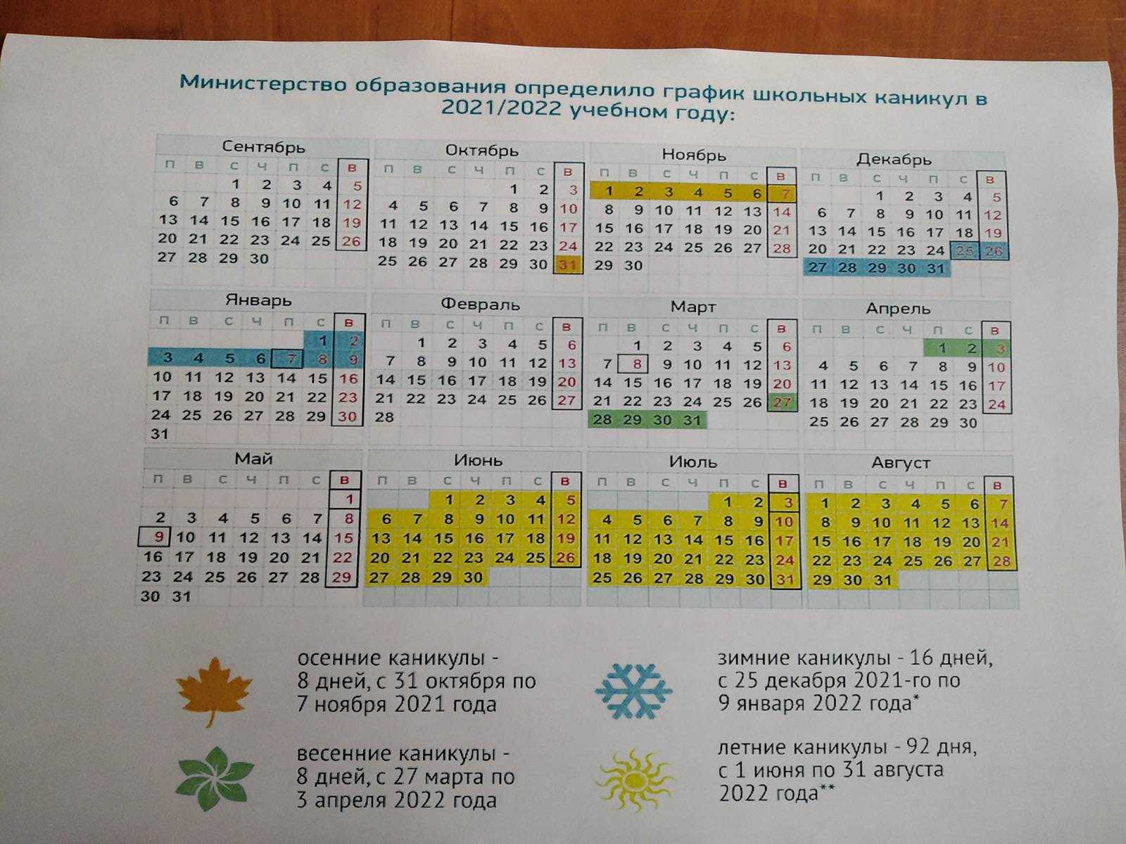 Календарь весенних каникул